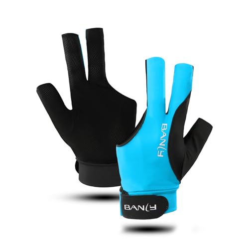 Banly Billiard Pool Gloves Fits on Left Hand 3 Finger, Small Snooker Cue Sport Glove, Billiards Players Sporty Compact Pull On Half Finger Billiard Glove, Blue - Image 1