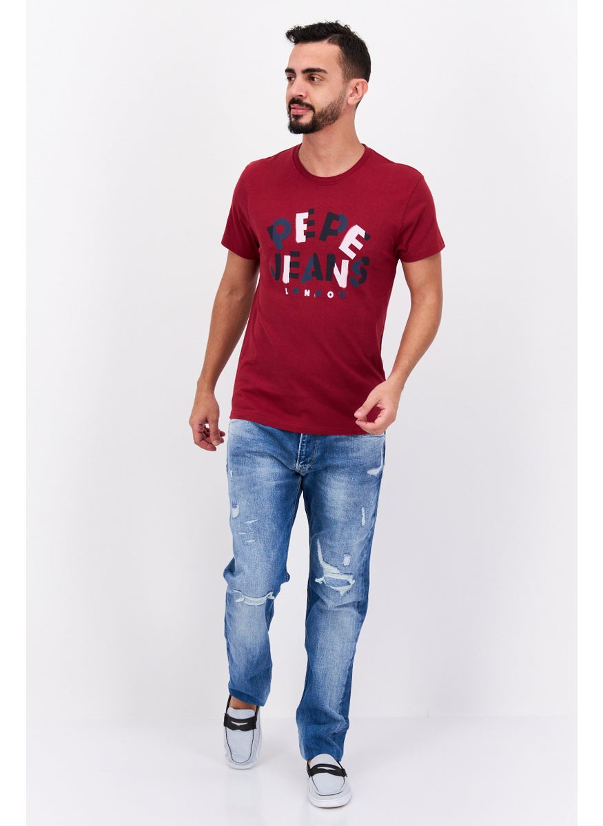 Pepe Jeans - Men Crew Neck Short Sleeve Graphic T Shirt, Maroon Combo - Image 1