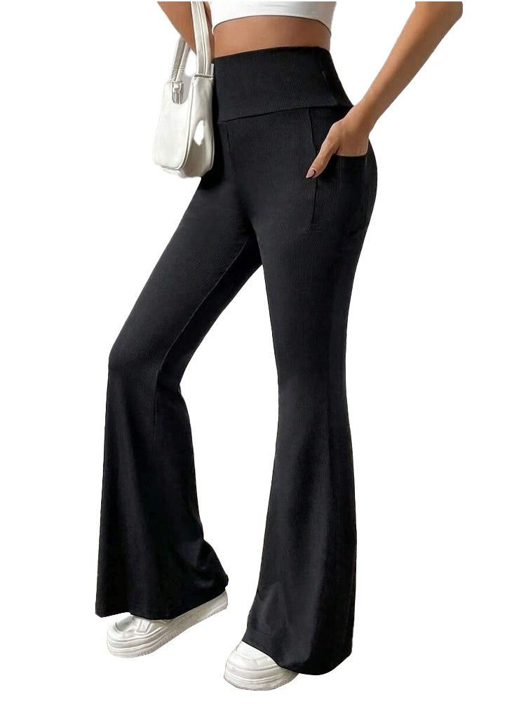 Nileton - Ribbed Knit Wide Leg Pants - High Waist Flare Leggings With Pocket - Rib Knit Yoga Pants - Image 1
