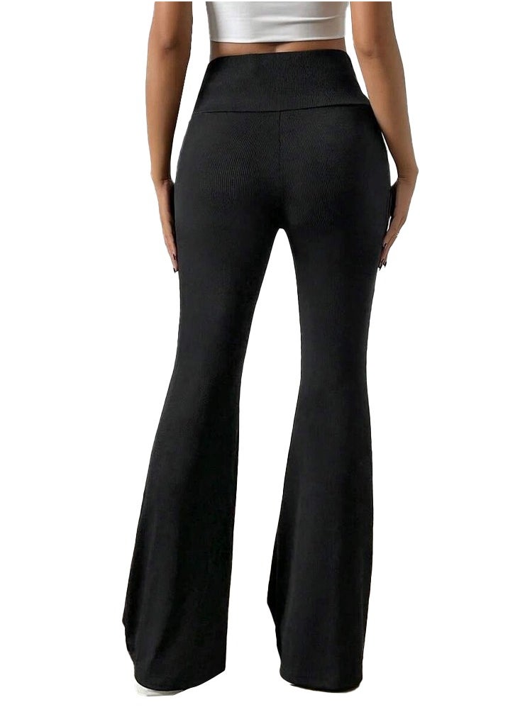 Nileton - Ribbed Knit Wide Leg Pants - High Waist Flare Leggings With Pocket - Rib Knit Yoga Pants - Image 1