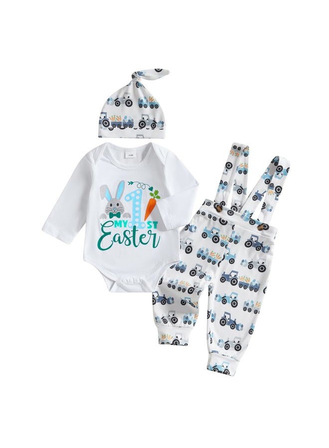 BeQeuewll Easter Newborn Baby Boy 3PCS Clothes Set Infant Long Sleeve Romper Bunny Carrot Suspender Pants Overalls Outfits (1st easter, 6-9 Months) - Image 1