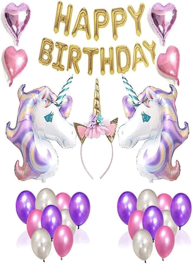 Beauenty Glitter Unicorn Headband Balloon, Gold Happy Birthday Banner, Latex & Foil Balloons- 26 Piece