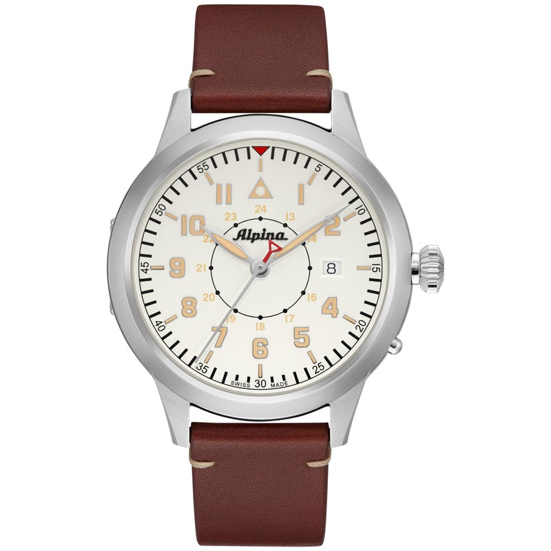 Alpina Mens Startimer Swiss Automatic 3Hand Stainless Steel Case with Brown Leather Strap Watch SilverWhite Dial Model AL525WBG4SH6
