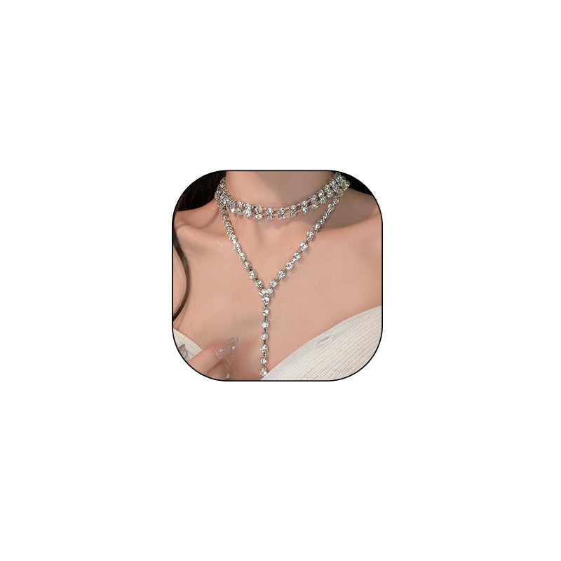 FUTIMELY Chunky Cubic Zirconia Layered Long Y Necklace,Glittering Square Rhinestone Lariat Necklaces,Aesthetic Wedding Bridal Bridesmaid Jewelry for Women (Silver) - Image 1