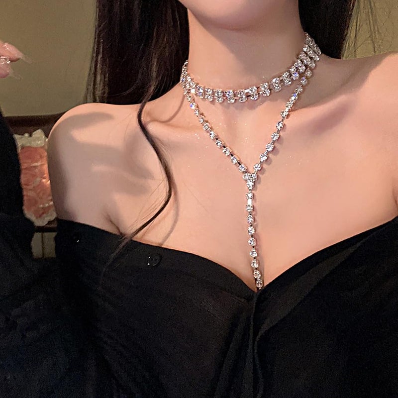 FUTIMELY Chunky Cubic Zirconia Layered Long Y Necklace,Glittering Square Rhinestone Lariat Necklaces,Aesthetic Wedding Bridal Bridesmaid Jewelry for Women (Silver) - Image 2
