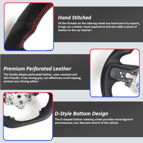 JIANGGAI Full Leather Steering Wheel, D-Shaped Flat Bottom Perforated Leather Grip Steering Wheel Fit for Chevrolet Silverado 1500 2500 with Heated 2019+(Paddle Version) - Image 5