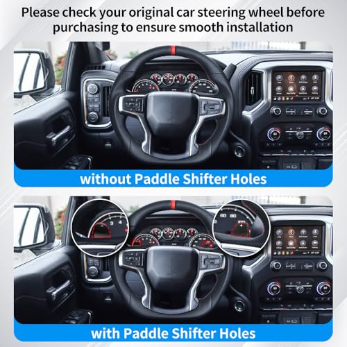 JIANGGAI Full Leather Steering Wheel, D-Shaped Flat Bottom Perforated Leather Grip Steering Wheel Fit for Chevrolet Silverado 1500 2500 with Heated 2019+(Paddle Version) - Image 2