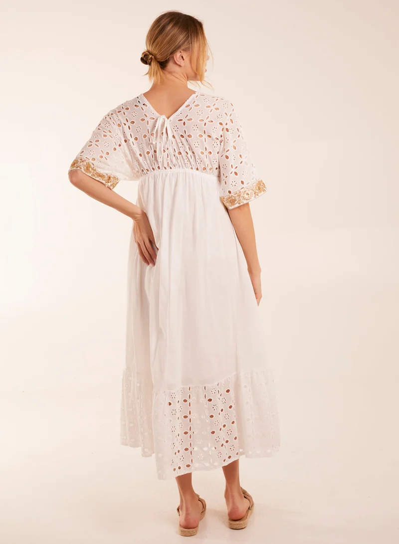 Blue Vanilla Broderie Anglaise V-Neck Short Sleeve Embellishment Detailing Dress