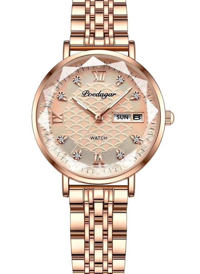 پوداجار ساعة نسائية أنيقة بتصميم مينيماليست - طلاء وردي روز جولد على فولاذ كامل إبر مضيئة مقاومة للماء هدية مثالية للمكتب والمناسبات - Image 1