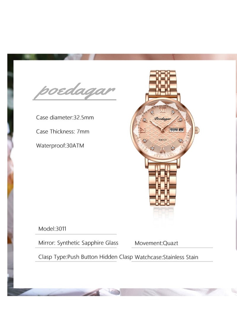 پوداجار ساعة نسائية أنيقة بتصميم مينيماليست - طلاء وردي روز جولد على فولاذ كامل إبر مضيئة مقاومة للماء هدية مثالية للمكتب والمناسبات - Image 2