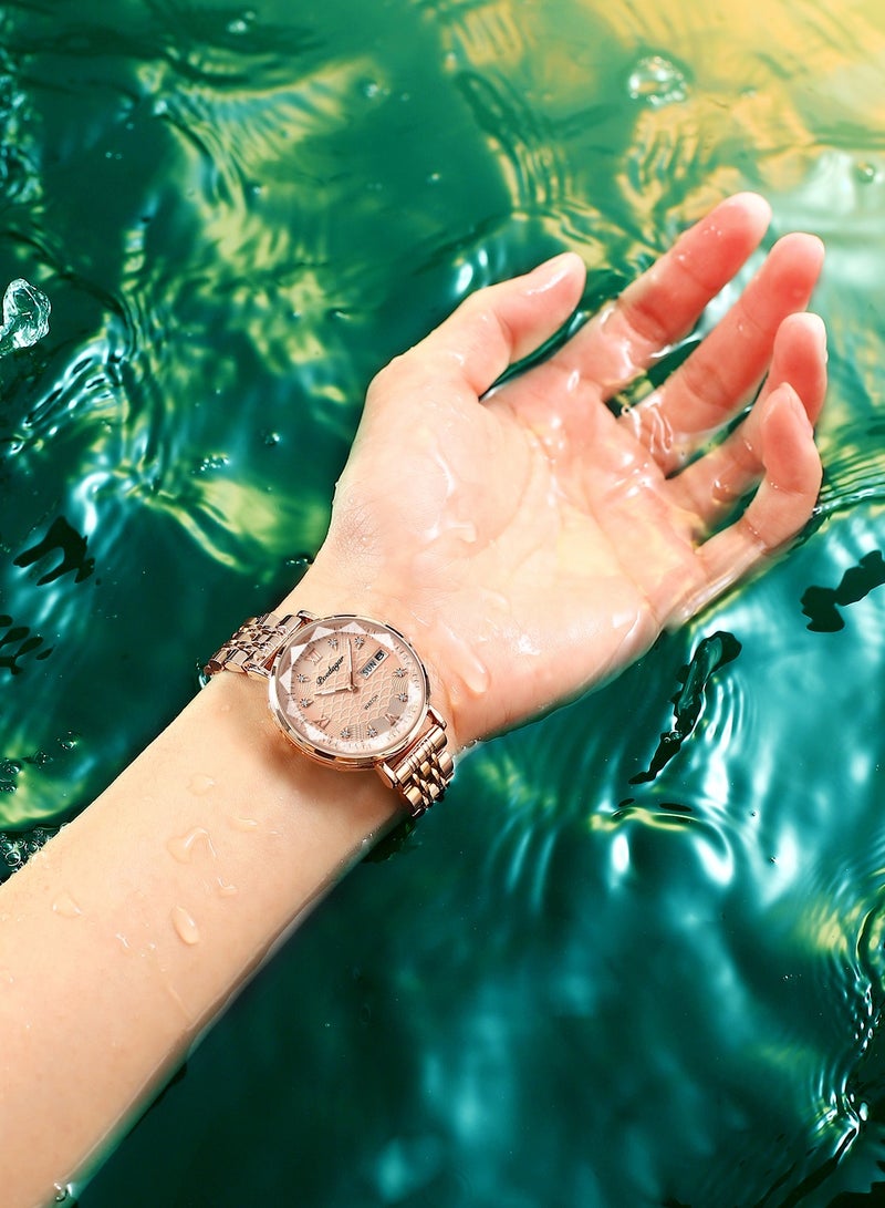 پوداجار ساعة نسائية أنيقة بتصميم مينيماليست - طلاء وردي روز جولد على فولاذ كامل إبر مضيئة مقاومة للماء هدية مثالية للمكتب والمناسبات - Image 3