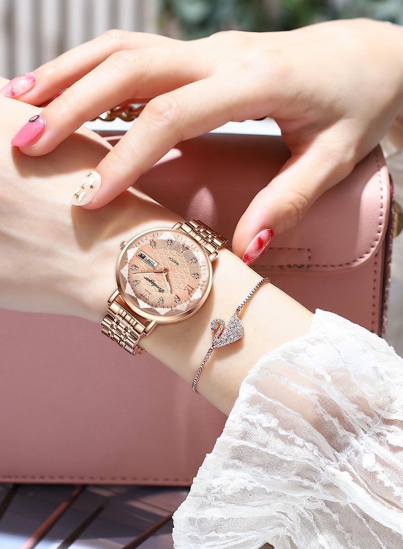 پوداجار ساعة نسائية أنيقة بتصميم مينيماليست - طلاء وردي روز جولد على فولاذ كامل إبر مضيئة مقاومة للماء هدية مثالية للمكتب والمناسبات - Image 4