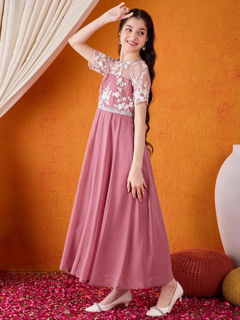 Cherry & Jerry Cherry & Jerry Woven Half sleeves Embroidered Flared Maxi Dresses-Mauve