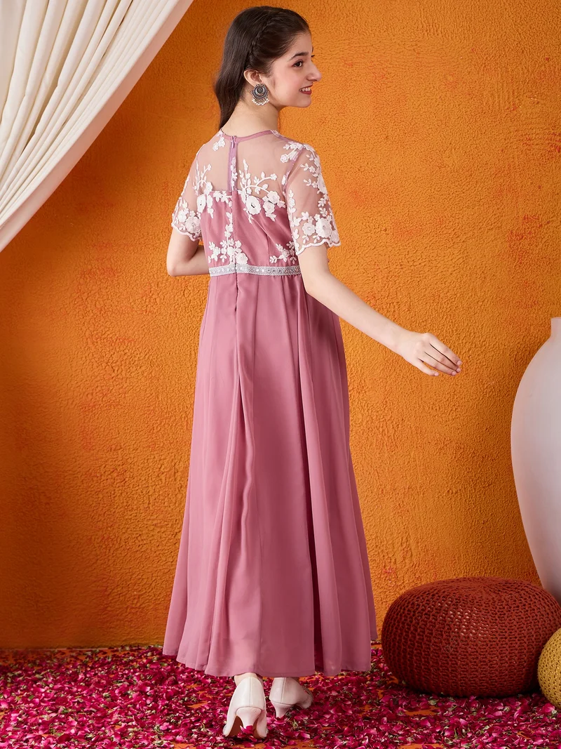 Cherry & Jerry Cherry & Jerry Woven Half sleeves Embroidered Flared Maxi Dresses-Mauve