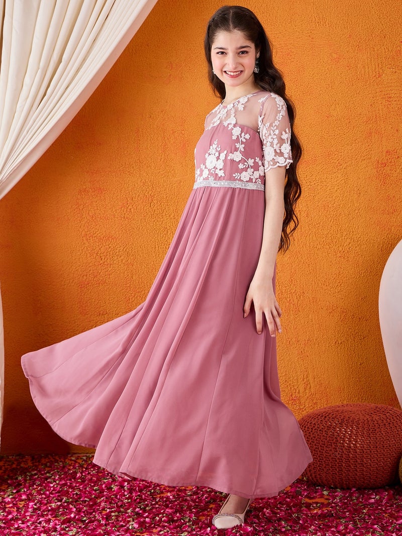 Cherry & Jerry Woven Half sleeves Embroidered Flared Maxi Dresses-Mauve - Image 4
