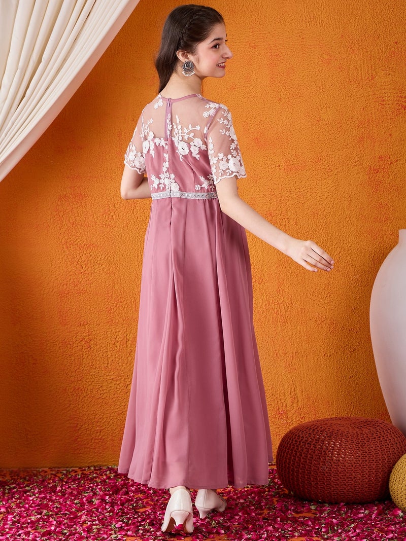 Cherry & Jerry Woven Half sleeves Embroidered Flared Maxi Dresses-Mauve - Image 2
