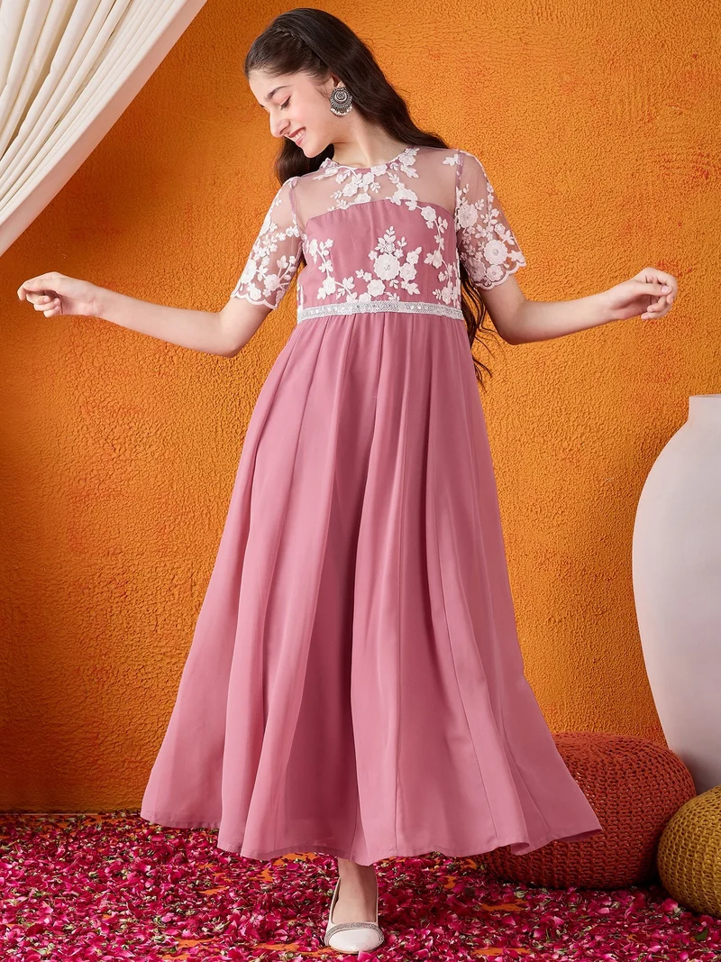 Cherry & Jerry Cherry & Jerry Woven Half sleeves Embroidered Flared Maxi Dresses-Mauve