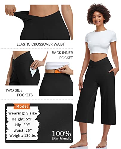 TARSE Womens Casual Wide Leg Yoga Capris Summer Crossover High Waist Capri Pants Loose Soft Pajama Pockets Sweatpants(Black,L) - Image 4