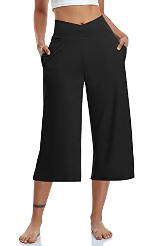 TARSE Womens Casual Wide Leg Yoga Capris Summer Crossover High Waist Capri Pants Loose Soft Pajama Pockets Sweatpants(Black,L) - Image 5