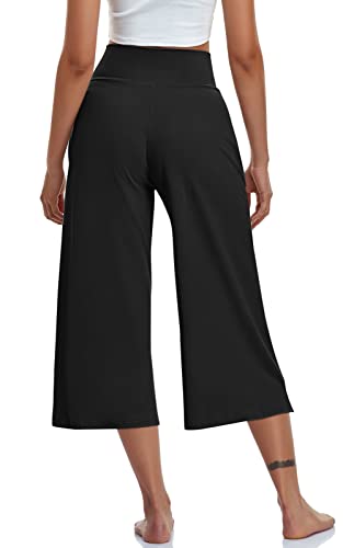 TARSE Womens Casual Wide Leg Yoga Capris Summer Crossover High Waist Capri Pants Loose Soft Pajama Pockets Sweatpants(Black,L) - Image 3