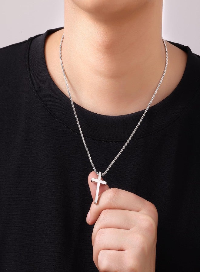Fiusem قلادة صليب فيوسيم للرجال، قلادة صليب فضية اللون للرجال مع سلسلة حبلية 2.5 مم، سلسلة قلادة صغيرة من الفولاذ المقاوم للصدأ بطول 20 بوصة - Image 2
