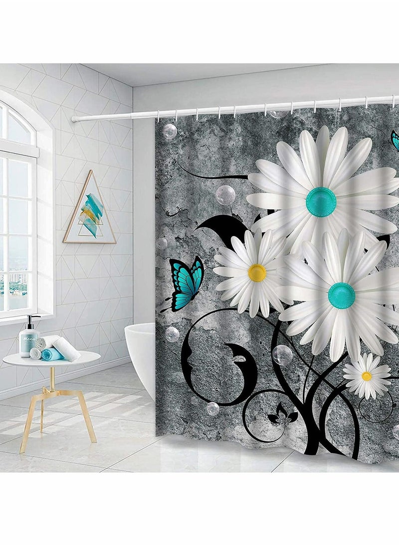 KASTWAVE Shower Curtain, Floral Butterfly White Daisy Shower Curtain for Bathroom Farmhouse Rustic Bathroom Curtain with 12 Hooks, Waterproof Fabric Flower Bathroom Shower Curtains, 72" x 72" (Grey)  - Image 3