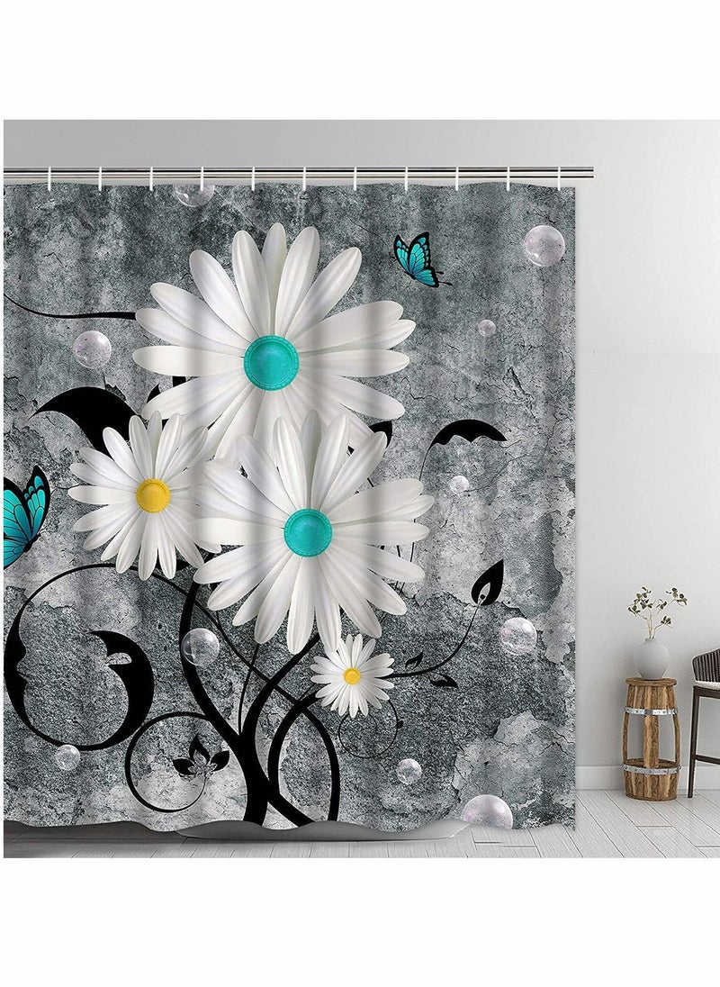 KASTWAVE Shower Curtain, Floral Butterfly White Daisy Shower Curtain for Bathroom Farmhouse Rustic Bathroom Curtain with 12 Hooks, Waterproof Fabric Flower Bathroom Shower Curtains, 72" x 72" (Grey)  - Image 1