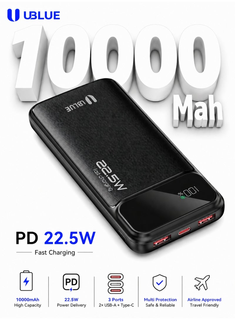 يوبلو شاحن محمول UBLUE بسعة 10000 مللي أمبير، مزود بمنفذ USB-C ومنفذي USB-A، بطارية ثلاثية المنافذ لأجهزة iPhone 17/16/15/14/13، وSamsung Galaxy، وiPad، وAirPods، باللون الأسود - Image 1