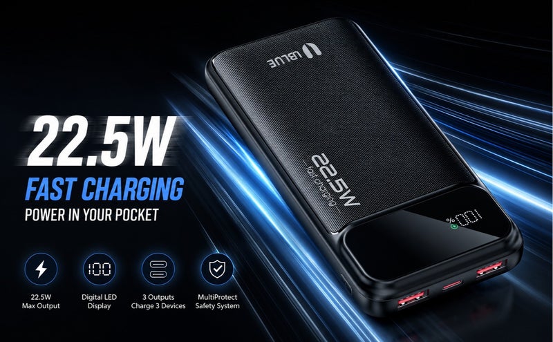 يوبلو شاحن محمول UBLUE بسعة 10000 مللي أمبير، مزود بمنفذ USB-C ومنفذي USB-A، بطارية ثلاثية المنافذ لأجهزة iPhone 17/16/15/14/13، وSamsung Galaxy، وiPad، وAirPods، باللون الأسود - Image 3