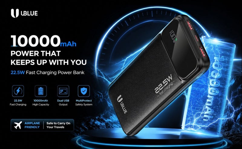 يوبلو شاحن محمول UBLUE بسعة 10000 مللي أمبير، مزود بمنفذ USB-C ومنفذي USB-A، بطارية ثلاثية المنافذ لأجهزة iPhone 17/16/15/14/13، وSamsung Galaxy، وiPad، وAirPods، باللون الأسود - Image 2