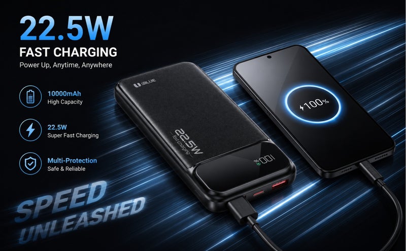 يوبلو شاحن محمول UBLUE بسعة 10000 مللي أمبير، مزود بمنفذ USB-C ومنفذي USB-A، بطارية ثلاثية المنافذ لأجهزة iPhone 17/16/15/14/13، وSamsung Galaxy، وiPad، وAirPods، باللون الأسود - Image 4