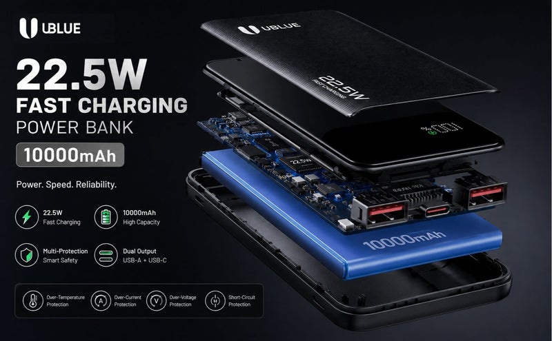يوبلو شاحن محمول UBLUE بسعة 10000 مللي أمبير، مزود بمنفذ USB-C ومنفذي USB-A، بطارية ثلاثية المنافذ لأجهزة iPhone 17/16/15/14/13، وSamsung Galaxy، وiPad، وAirPods، باللون الأسود - Image 5