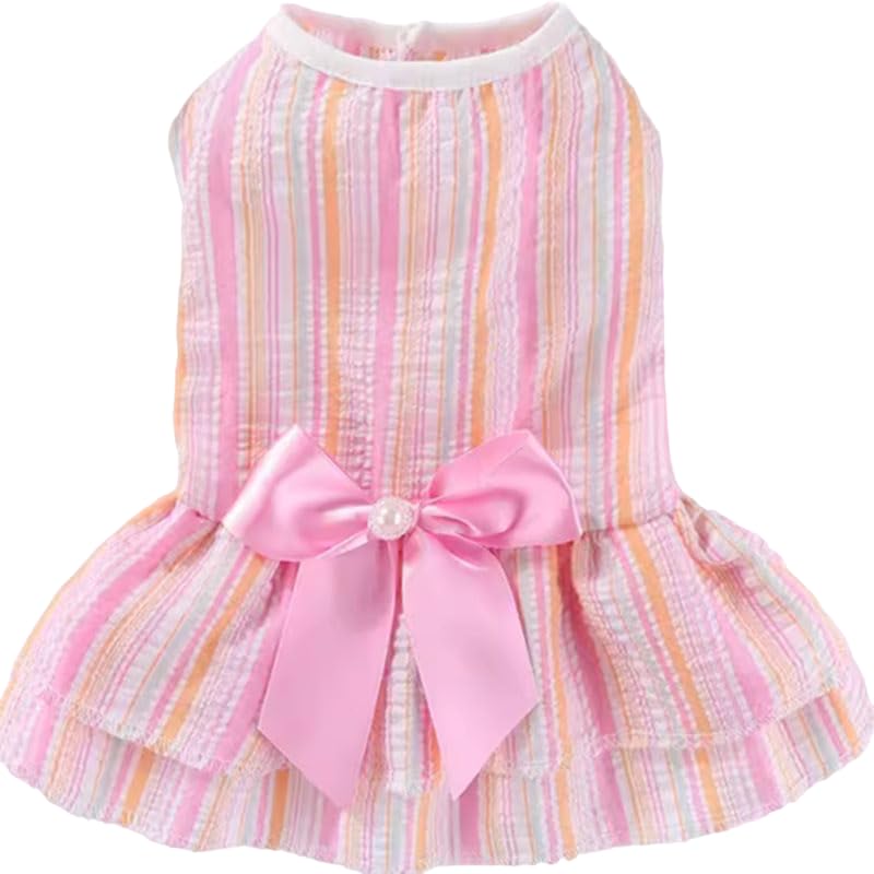 KUTKUT polycotton Small Dog Cat Girl Dress Cute Bowknot Tutu Dress Striped Summer Dog Clothes for Small Dogs Girl ,Cat Pet Apparel Outfits (Size: M,Chest: 40Cm,Length: 30Cm,Pink),1 count - Image 2