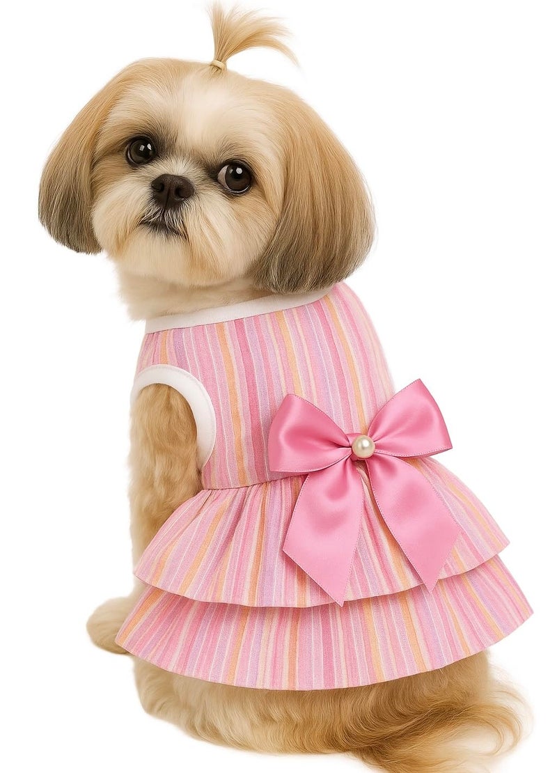 KUTKUT polycotton Small Dog Cat Girl Dress Cute Bowknot Tutu Dress Striped Summer Dog Clothes for Small Dogs Girl ,Cat Pet Apparel Outfits (Size: M,Chest: 40Cm,Length: 30Cm,Pink),1 count - Image 1