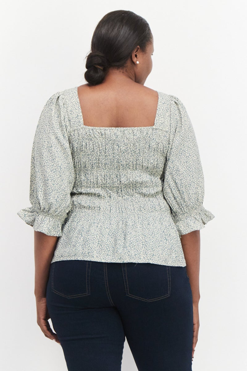 Cream Women Square Neck 3/4 Sleeve Allover Print Blouse, Stormy Sea Green - Image 3