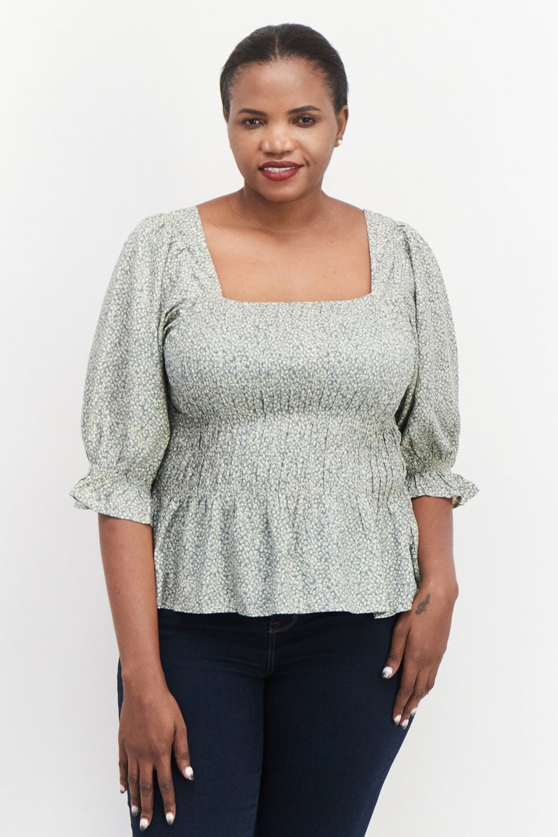 Cream Women Square Neck 3/4 Sleeve Allover Print Blouse, Stormy Sea Green - Image 1