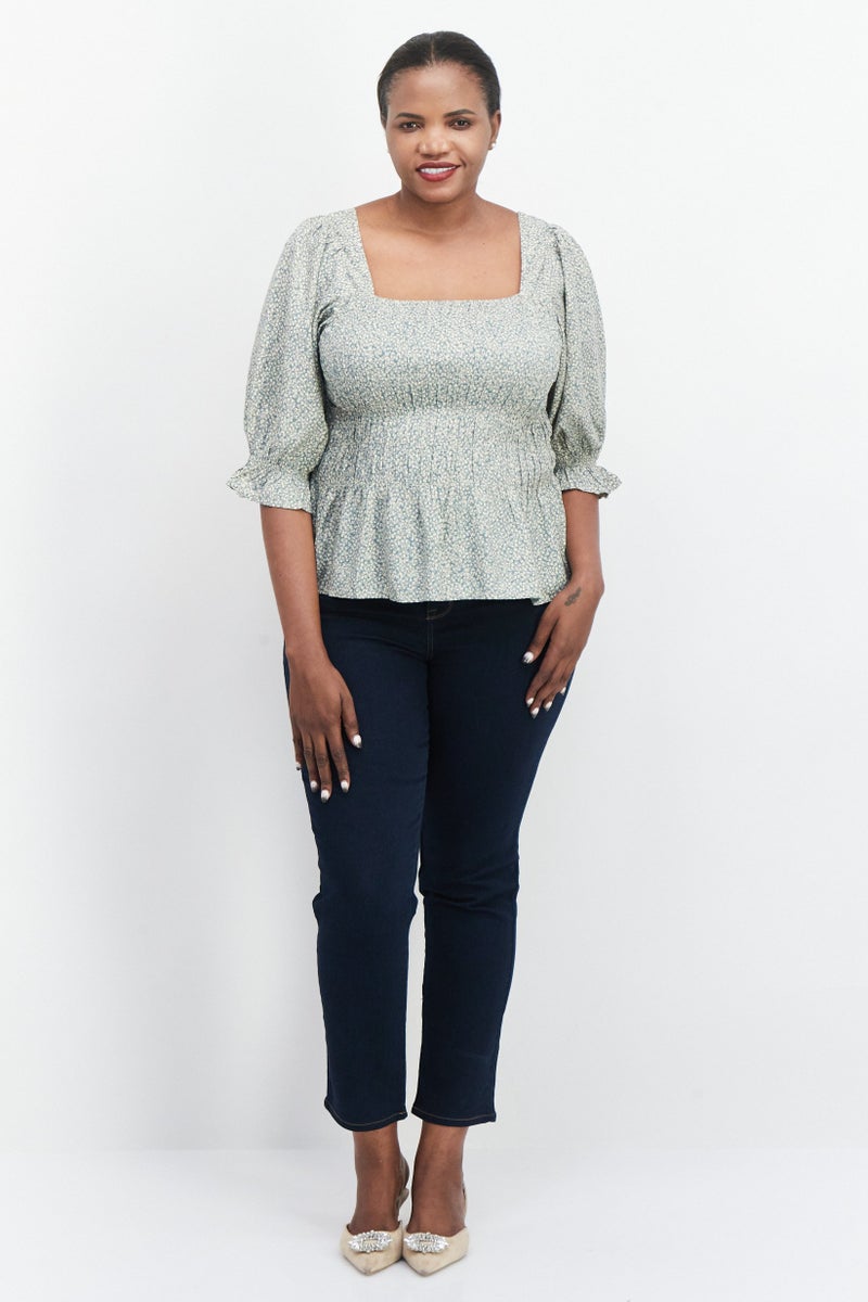 Cream Women Square Neck 3/4 Sleeve Allover Print Blouse, Stormy Sea Green - Image 2