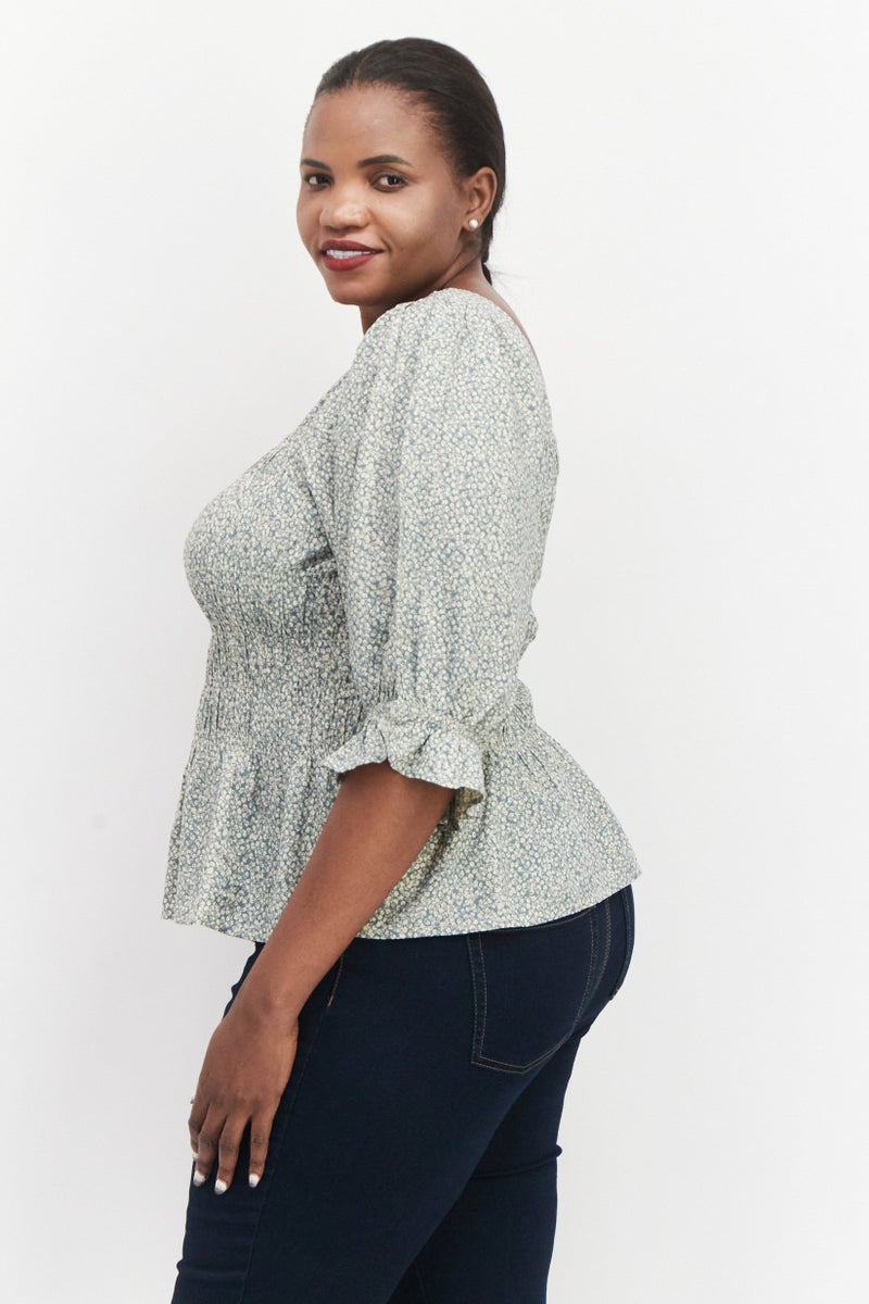 Cream Women Square Neck 3/4 Sleeve Allover Print Blouse, Stormy Sea Green - Image 2