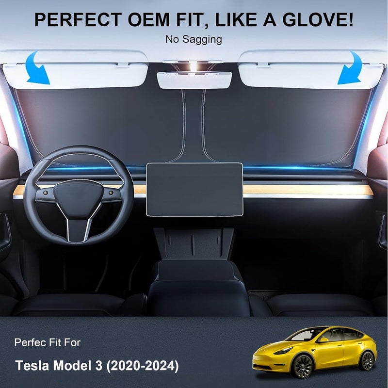 Tussgey 2024 New Version Tesla Model 3 Sunshade Windshield Accessories【OEM Fit, Sun Blockage】 Heat Insulation Keep Cooling Foldable Light-Tight Front Window Sunshade for Model 3 with Reinforced Velcro Strap - Image 3