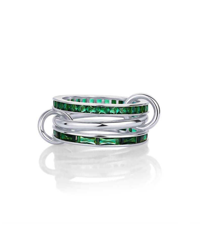 PAVOI Rhodium Plated Interlocking Ring for Women - Chunky Connected Bands Interlock Stackable Rings for Women - Trendy Emerald Cut Green Cubic Zirconia Interlocked Statement Multi-Band Jewelry - Size 6 - Image 1