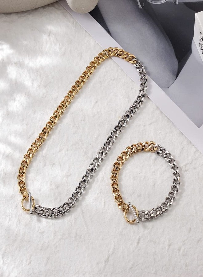 WISTIC Two Tone Chunky Bracelets for Women, 7.5" Gold Plated Stainless Steel Miami Cuban Link Bracelet with Toggle Clasp, Men's Fashion Jewelry - Image 5