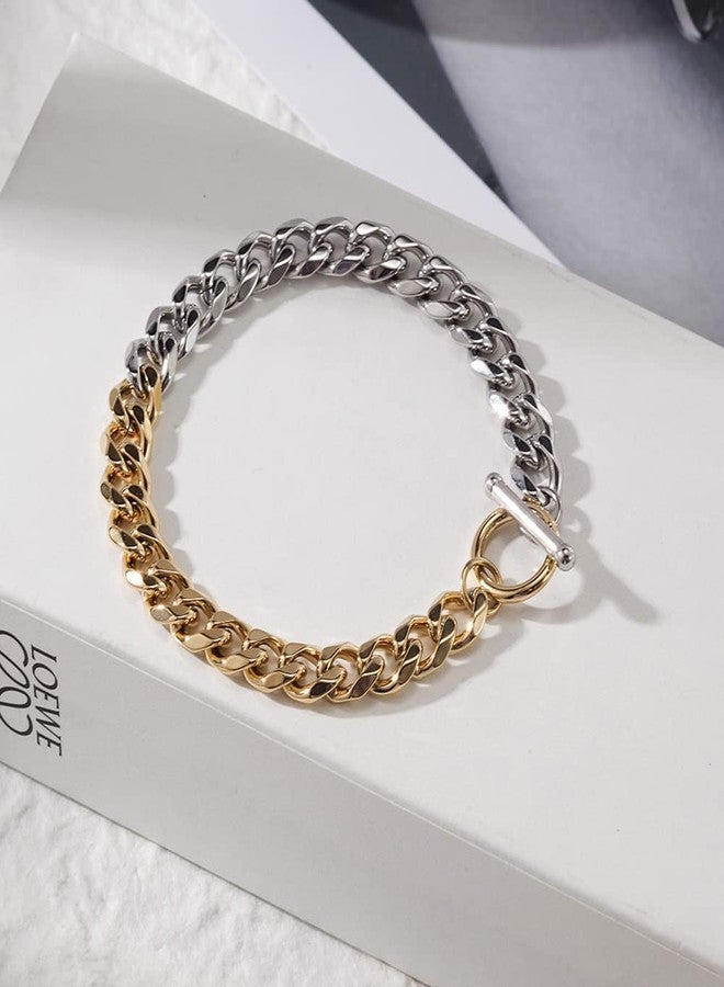 WISTIC Two Tone Chunky Bracelets for Women, 7.5" Gold Plated Stainless Steel Miami Cuban Link Bracelet with Toggle Clasp, Men's Fashion Jewelry - Image 4