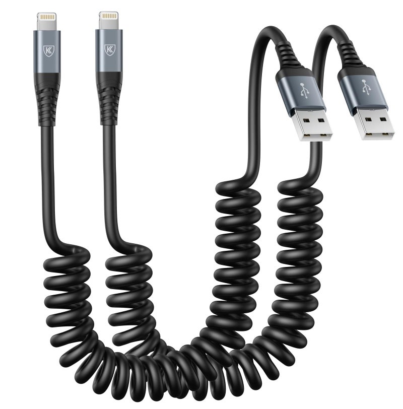 KIYODA iPhone Charger Cable 6FT for Car, Coiled Lightning Cable [Apple MFi Certified] 2 Pack 6 Feet Lightning Cord Compatible with iPhone14 13/12/11 Pro Max/XS MAX/XR/XS/X/8/7/Plus/6S iPad/iPod - Black - Image 1
