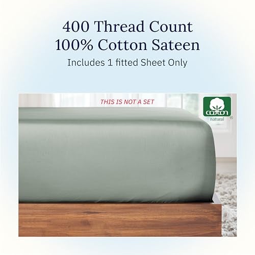 California Design Den Fitted Sheet for King Size Bed, Deep Pocket Soft 400 Thread Count 100% Cotton Sateen, No Pop-Off Elastic, Durable Hotel Quality Bedding, 1 Fitted Sheet Only (King, Sage Green) - Image 2