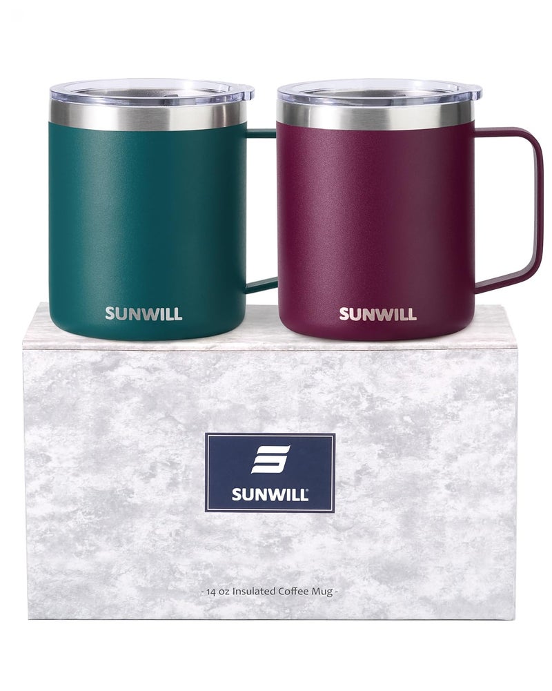 SUNWILL Travel Coffee Mug Set of 2, Insulated Tumbler with Lid, 14 oz Stainless Steel Cup with Handle for Camping, Office, Home, Powder Coated Forest Green & Plum - Image 1