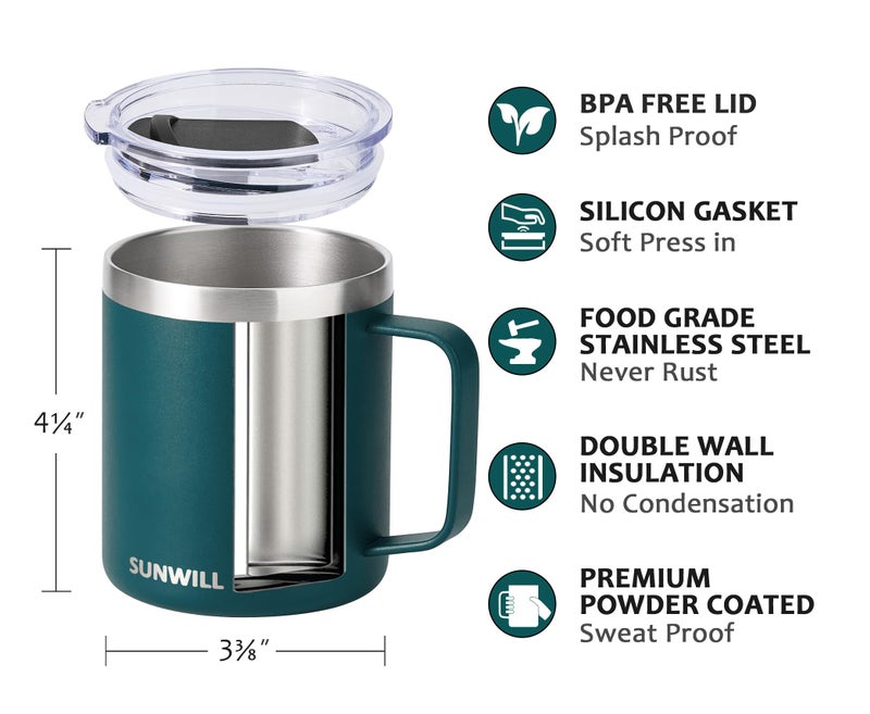 SUNWILL Travel Coffee Mug Set of 2, Insulated Tumbler with Lid, 14 oz Stainless Steel Cup with Handle for Camping, Office, Home, Powder Coated Forest Green & Plum - Image 3