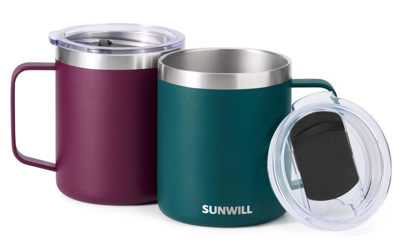 SUNWILL Travel Coffee Mug Set of 2, Insulated Tumbler with Lid, 14 oz Stainless Steel Cup with Handle for Camping, Office, Home, Powder Coated Forest Green & Plum - Image 2