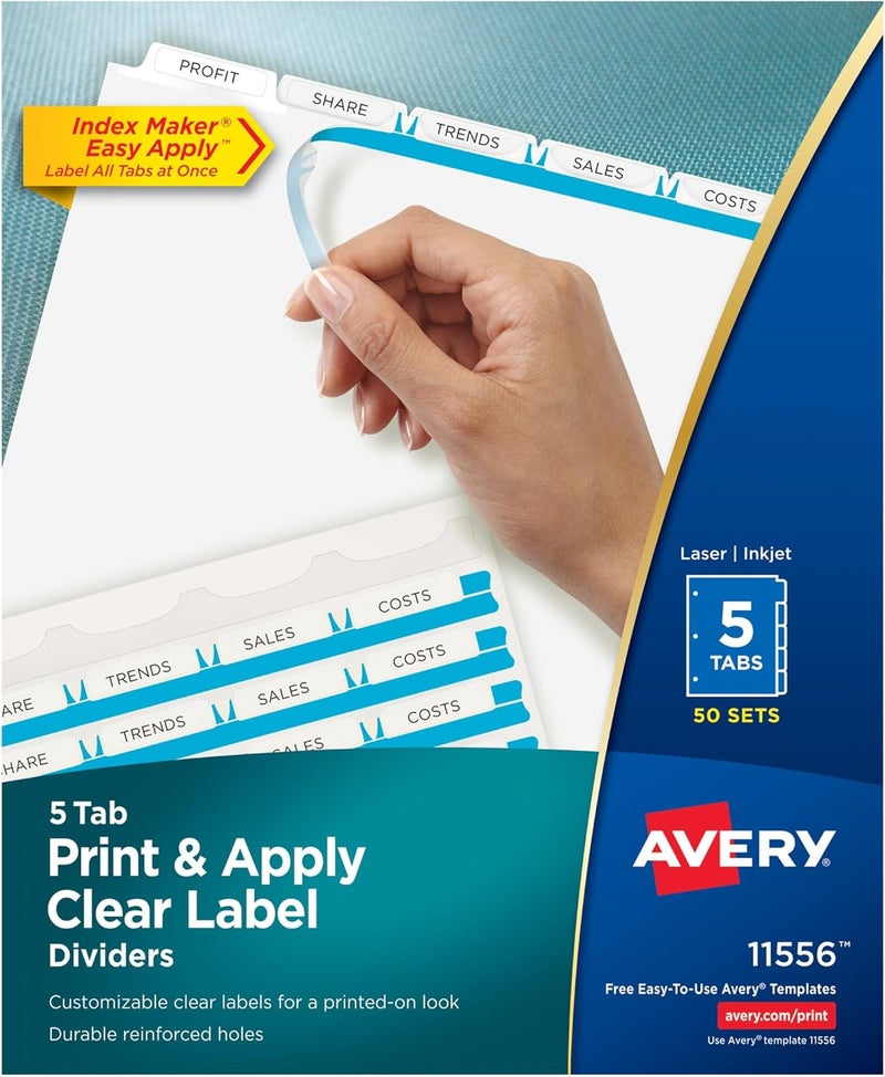 Avery 5-Tab Print & Apply Clear Label Dividers, 50 Sets, White Tabs, Easy Customization - Image 1