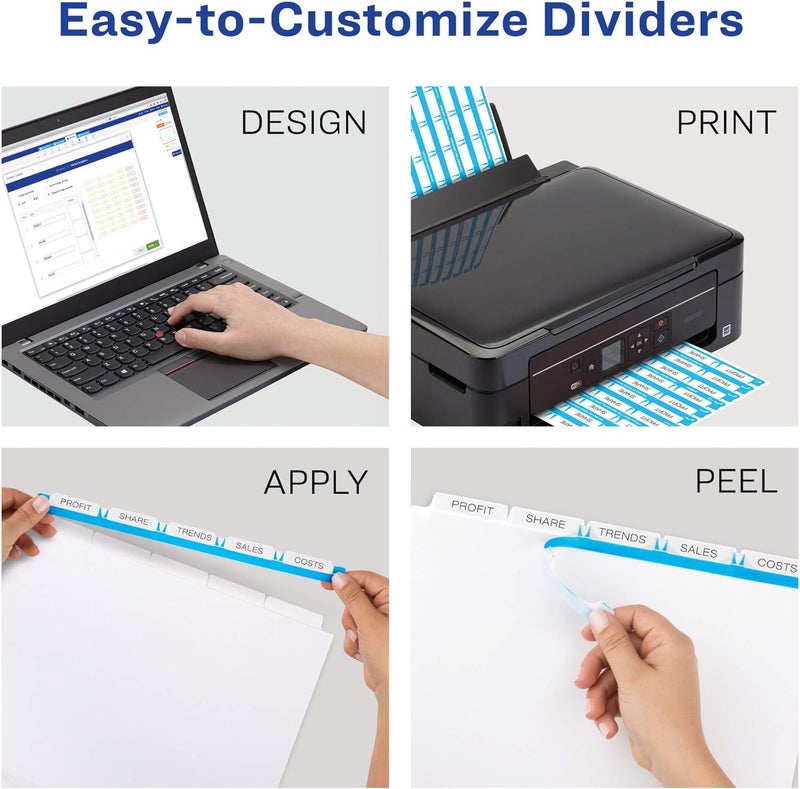 Avery 5-Tab Print & Apply Clear Label Dividers, 50 Sets, White Tabs, Easy Customization - Image 2