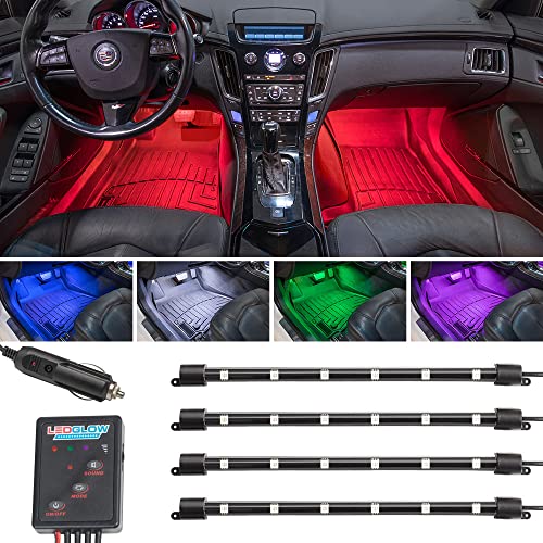 LEDGlow 4pc Multi-Color LED Interior Footwell Underdash Neon Light Kit for Cars & Trucks - 7 Solid Colors - 7 Patterns - Music Mode - Auto Illumination - Universal - Includes Cigarette Power Adapter - Image 1